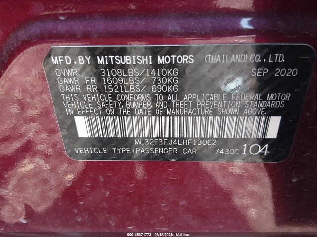 Aukcja sprzedaży 2020 Mitsubishi Mirage G4 Es, vin: ML32F3FJ4LHF13062, numer aukcji: 45871773