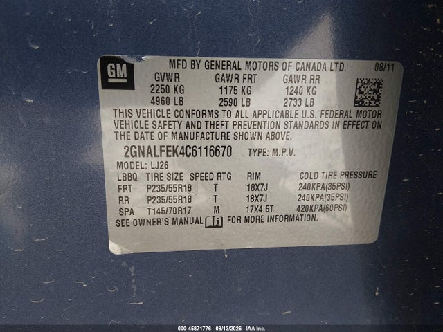 Aukcja sprzedaży 2012 Chevrolet Equinox Ltz, vin: 2GNALFEK4C6116670, numer aukcji: 45871776