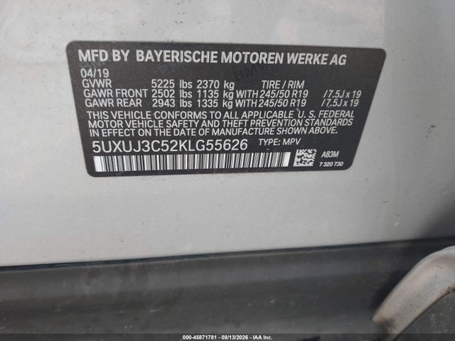 45871781 :رقم المزاد ، 5UXUJ3C52KLG55626 vin ، 2019 Bmw X4 Xdrive30i مزاد بيع