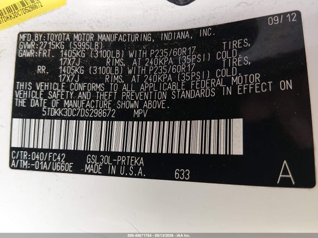 2013 Toyota Sienna Le V6 8 Passenger მანქანა იყიდება აუქციონზე, vin: 5TDKK3DC7DS298672, აუქციონის ნომერი: 45871784
