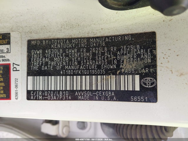 2016 Toyota Camry Hybrid Xle მანქანა იყიდება აუქციონზე, vin: 4T1BD1FK1GU195035, აუქციონის ნომერი: 45871789