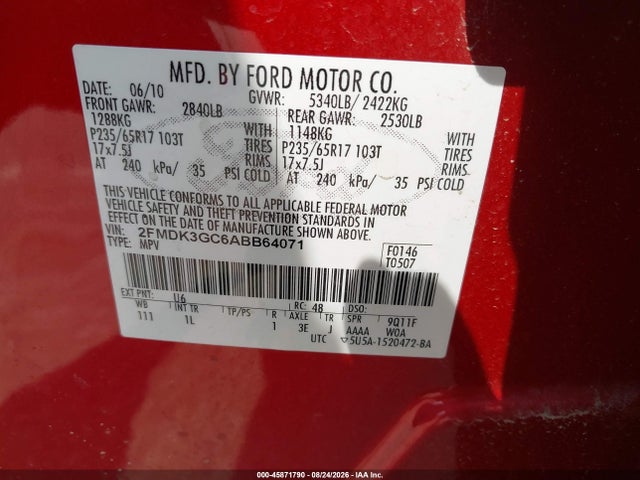 Продажа на аукционе авто 2010 Ford Edge Se, vin: 2FMDK3GC6ABB64071, номер лота: 45871790