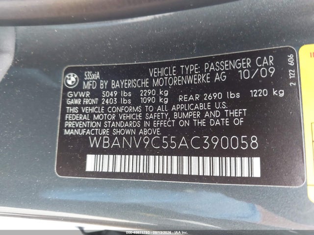 2010 Bmw 535i Xdrive მანქანა იყიდება აუქციონზე, vin: WBANV9C55AC390058, აუქციონის ნომერი: 45871793