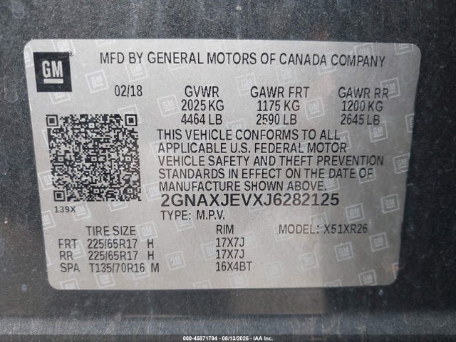Продажа на аукционе авто 2018 Chevrolet Equinox Lt, vin: 2GNAXJEVXJ6282125, номер лота: 45871794