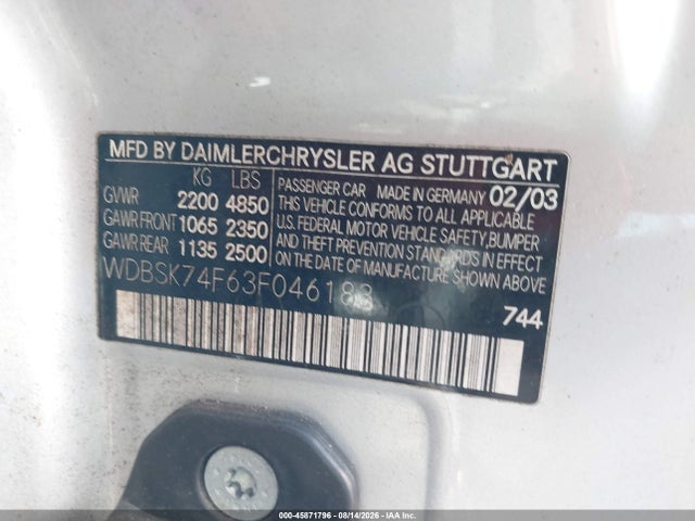 2003 Mercedes-benz Sl 55 Amg მანქანა იყიდება აუქციონზე, vin: WDBSK74F63F046183, აუქციონის ნომერი: 45871796