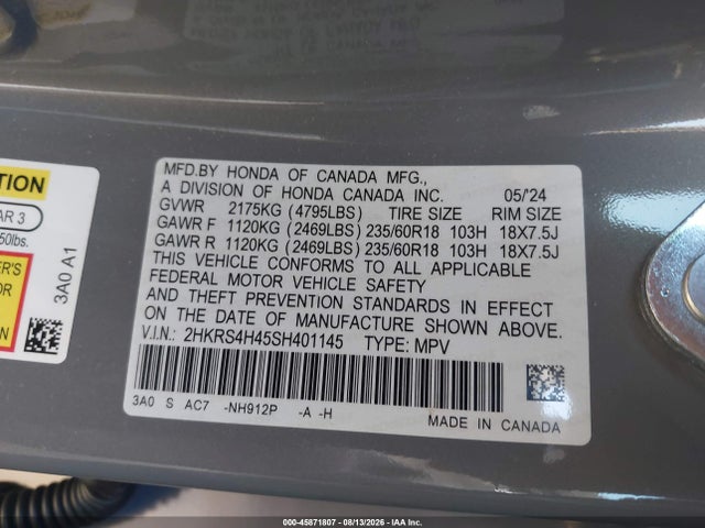 Продаж на аукціоні авто 2025 Honda Cr-v Ex Awd, vin: 2HKRS4H45SH401145, номер лоту: 45871807
