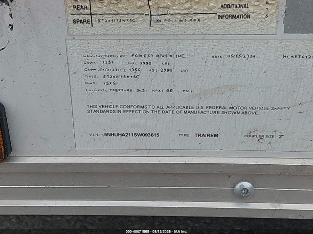 Продажа на аукционе авто 2024 Forest River Trailer, vin: 5NHUHA211SW093615, номер лота: 45871809