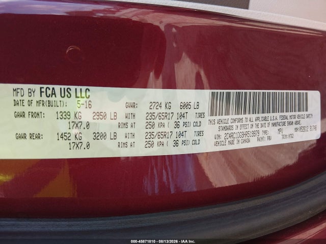 Продаж на аукціоні авто 2017 Chrysler Pacifica Touring, vin: 2C4RC1DG9HR519979, номер лоту: 45871810