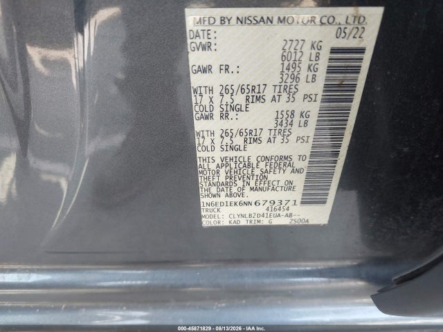 Продажа на аукционе авто 2022 Nissan Frontier Sv 4x4, vin: 1N6ED1EK6NN679371, номер лота: 45871829