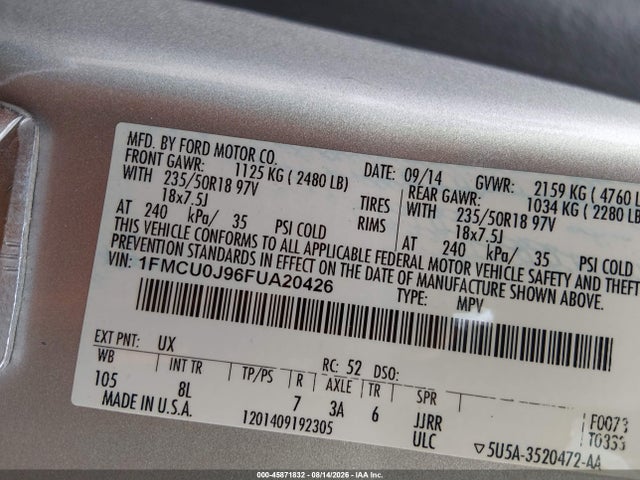 45871832 :رقم المزاد ، 1FMCU0J96FUA20426 vin ، 2015 Ford Escape Titanium مزاد بيع