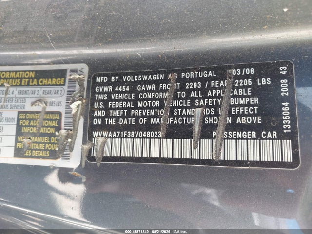 2008 Volkswagen Eos Turbo მანქანა იყიდება აუქციონზე, vin: WVWAA71F38V048023, აუქციონის ნომერი: 45871840