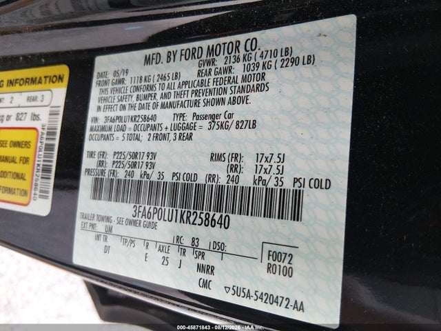 Aukcja sprzedaży 2019 Ford Fusion Hybrid Se, vin: 3FA6P0LU1KR258640, numer aukcji: 45871843