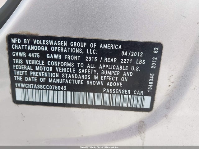 45871849 :رقم المزاد ، 1VWCH7A38CC075942 vin ، 2012 Volkswagen Passat 2.5l Sel مزاد بيع