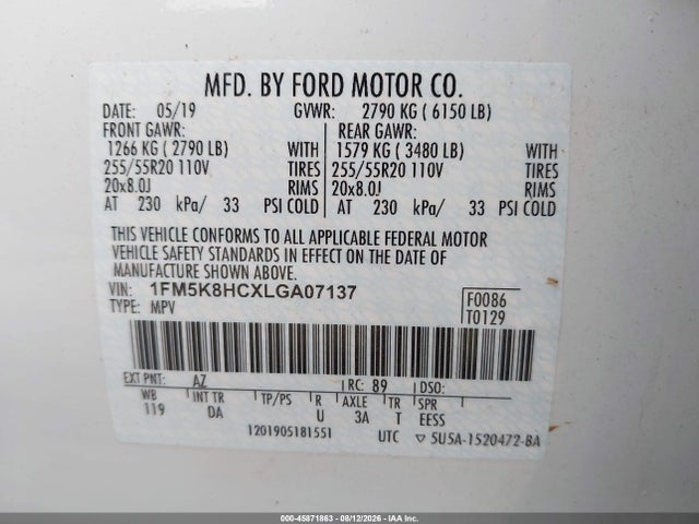 Aukcja sprzedaży 2020 Ford Explorer Platinum, vin: 1FM5K8HCXLGA07137, numer aukcji: 45871863