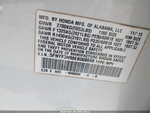 Honda Pilot Touring 2014 5FNYF3H98EB008698 Image 9