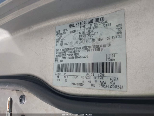2006 Ford Explorer Xlt მანქანა იყიდება აუქციონზე, vin: 1FMEU63E66UA60429, აუქციონის ნომერი: 45871871