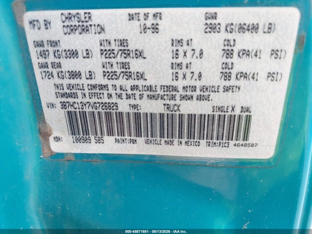 Aukcja sprzedaży 1997 Dodge Ram 1500 St, vin: 3B7HC13Y7VG726829, numer aukcji: 45871881