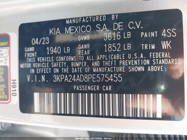 2023 Kia Rio S მანქანა იყიდება აუქციონზე, vin: 3KPA24AD8PE575455, აუქციონის ნომერი: 45871892