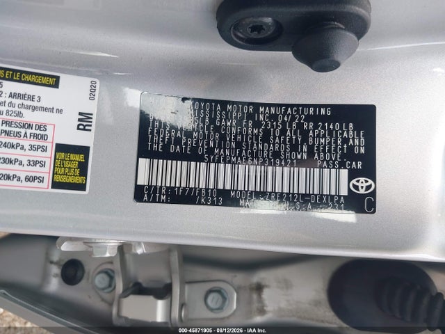 Aukcja sprzedaży 2022 Toyota Corolla Le, vin: 5YFEPMAE6NP319421, numer aukcji: 45871905