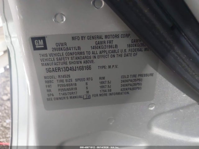 Aukcja sprzedaży 2009 Buick Enclave Cx, vin: 5GAER13D49J168166, numer aukcji: 45871912