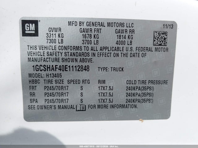 45871915 :رقم المزاد ، 1GCSHAF40E1112848 vin ، 2014 Chevrolet Express 1500 Work Van مزاد بيع