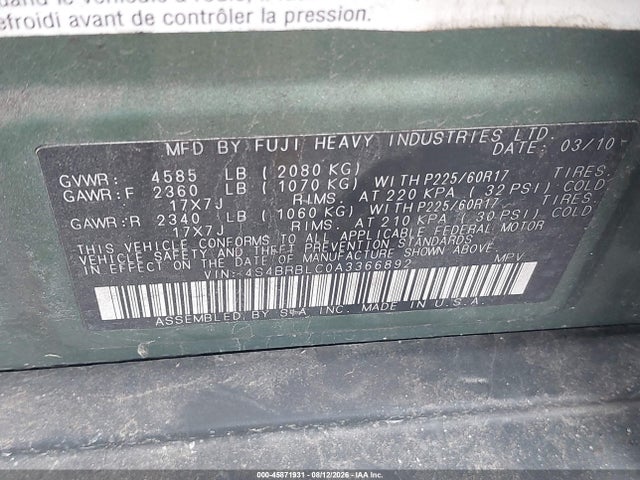 2010 Subaru Outback 2.5i Limited მანქანა იყიდება აუქციონზე, vin: 4S4BRBLC0A3366892, აუქციონის ნომერი: 45871931
