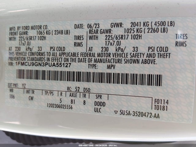 2023 Ford Escape Active მანქანა იყიდება აუქციონზე, vin: 1FMCU9GN3PUA55127, აუქციონის ნომერი: 45871948