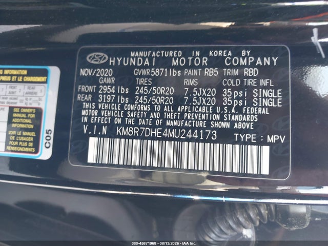 Продажа на аукционе авто 2021 Hyundai Palisade Calligraphy, vin: KM8R7DHE4MU244173, номер лота: 45871968