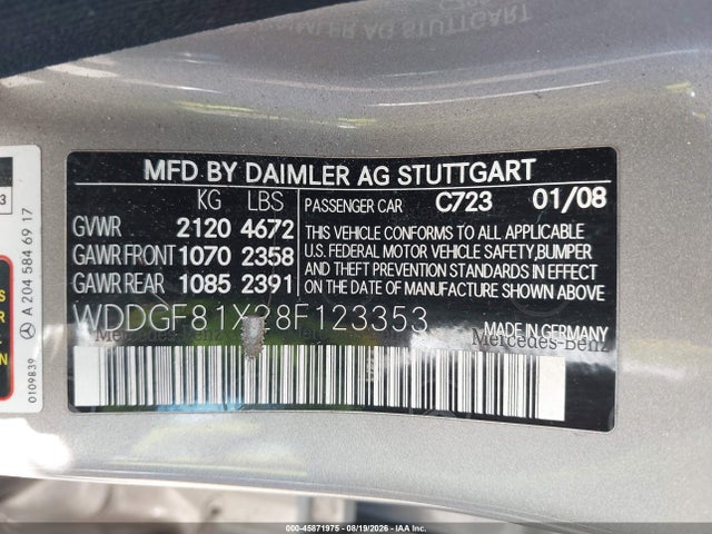 45871975 :رقم المزاد ، WDDGF81X28F123353 vin ، 2008 Mercedes-benz C 300 Luxury 4matic/sport 4matic مزاد بيع