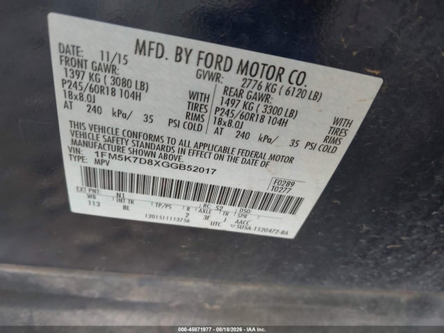 45871977 :رقم المزاد ، 1FM5K7D8XGGB52017 vin ، 2016 Ford Explorer Xlt مزاد بيع