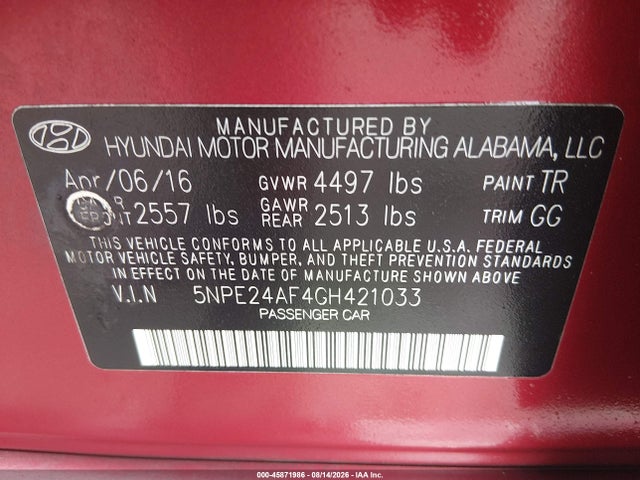 Aukcja sprzedaży 2016 Hyundai Sonata Se, vin: 5NPE24AF4GH421033, numer aukcji: 45871986