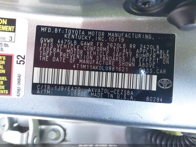 2020 Toyota Camry Se მანქანა იყიდება აუქციონზე, vin: 4T1M11AK0LU881621, აუქციონის ნომერი: 45871991
