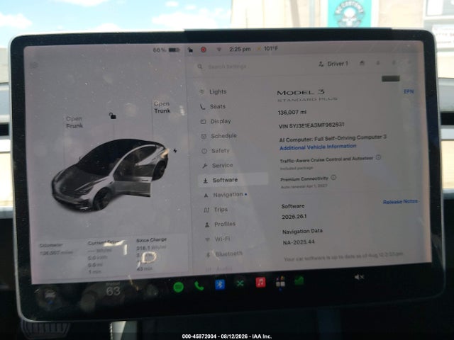 45872004 :رقم المزاد ، 5YJ3E1EA3MF962631 vin ، 2021 Tesla Model 3 Standard Range Plus Rear-wheel Drive مزاد بيع