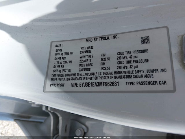 45872004 :رقم المزاد ، 5YJ3E1EA3MF962631 vin ، 2021 Tesla Model 3 Standard Range Plus Rear-wheel Drive مزاد بيع