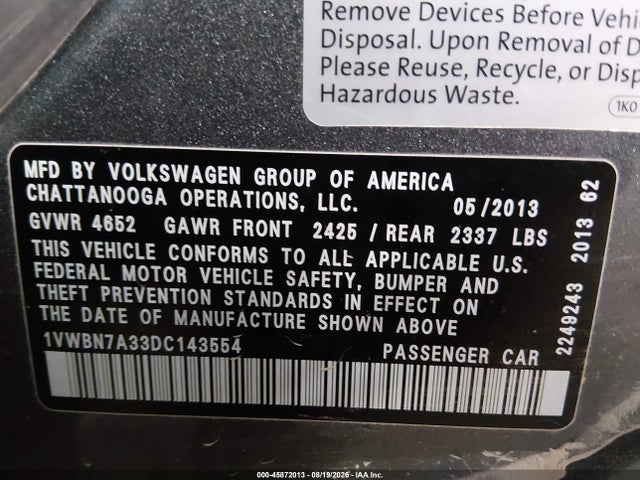2013 Volkswagen Passat 2.0l Tdi Se მანქანა იყიდება აუქციონზე, vin: 1VWBN7A33DC143554, აუქციონის ნომერი: 45872013