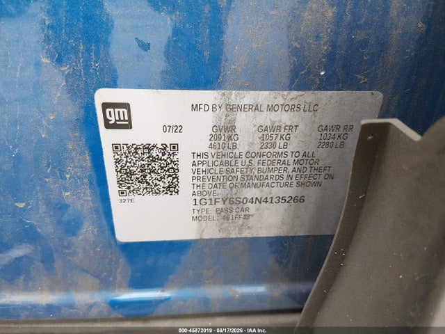 45872019 :رقم المزاد ، 1G1FY6S04N4135266 vin ، 2022 Chevrolet Bolt Euv Fwd Lt مزاد بيع