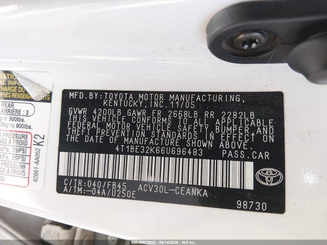 2006 Toyota Camry Le მანქანა იყიდება აუქციონზე, vin: 4T1BE32K66U696483, აუქციონის ნომერი: 45872022