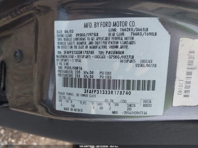 45872025 :رقم المزاد ، 3FAFP31333R178740 vin ، 2003 Ford Focus Zx3 مزاد بيع