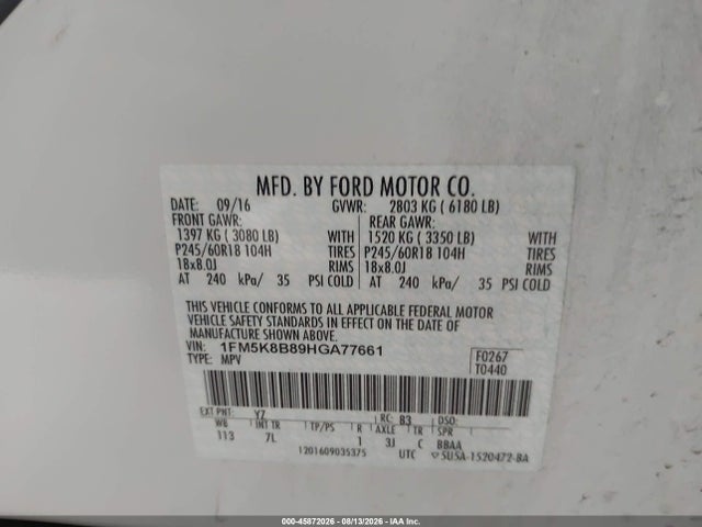 Auction sale of the 2017 Ford Explorer, vin: 1FM5K8B89HGA77661, lot number: 45872026