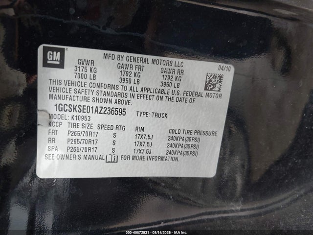 Auction sale of the 2010 Chevrolet Silverado 1500 Lt, vin: 1GCSKSE01AZ236595, lot number: 45872031