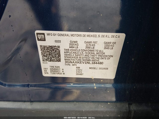 Продаж на аукціоні авто 2022 Chevrolet Equinox Fwd Lt, vin: 3GNAXKEV1NL184480, номер лоту: 45872035