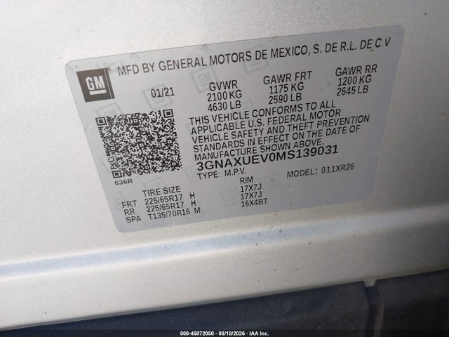 Продажа на аукционе авто 2021 Chevrolet Equinox Awd Lt, vin: 3GNAXUEV0MS139031, номер лота: 45872050