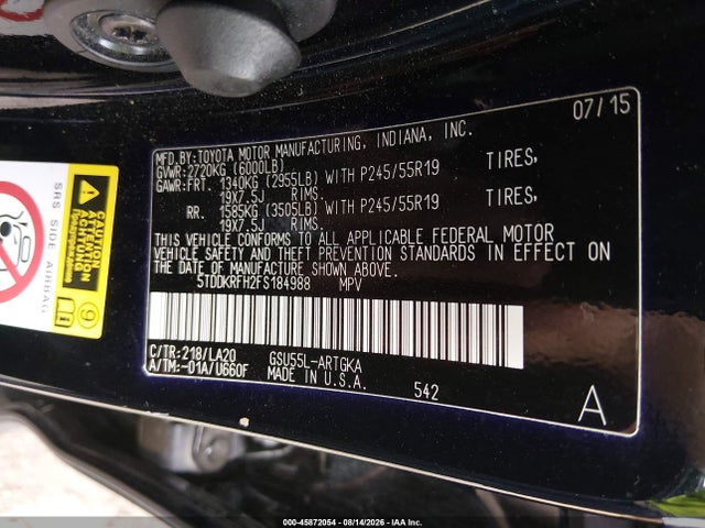 Toyota Highlander Limited V6 2015 5TDDKRFH2FS184988 Image 9
