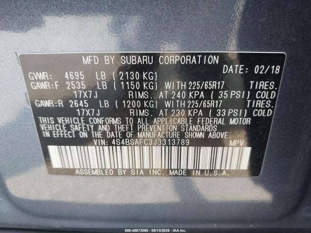 Продаж на аукціоні авто 2018 Subaru Outback 2.5i Premium, vin: 4S4BSAFC3J3313789, номер лоту: 45872065