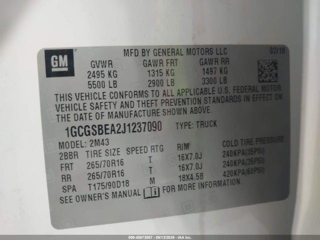 Продаж на аукціоні авто 2018 Chevrolet Colorado Wt, vin: 1GCGSBEA2J1237090, номер лоту: 45872087