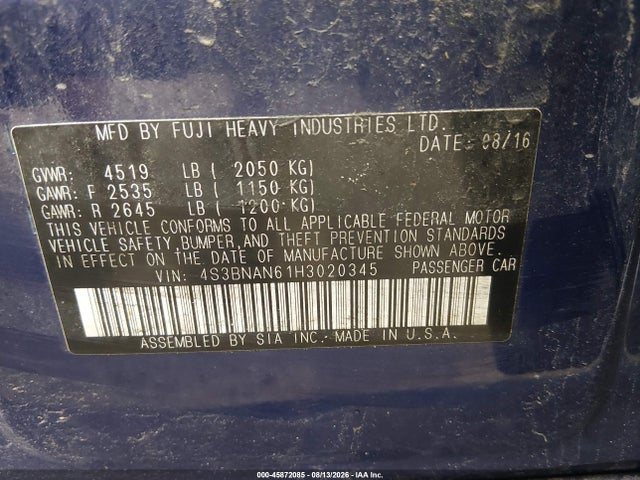 45872085 :رقم المزاد ، 4S3BNAN61H3020345 vin ، 2017 Subaru Legacy 2.5i Limited مزاد بيع
