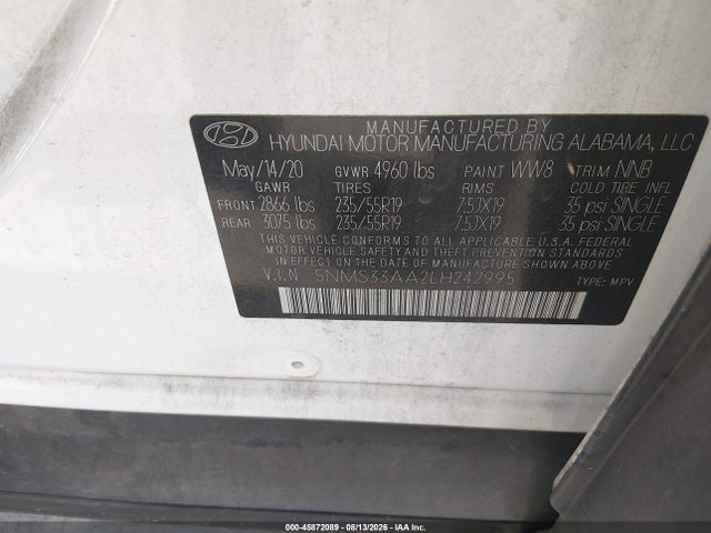 Hyundai Santa Fe Sel 2.0t 2020 5NMS33AA2LH242995 Image 9