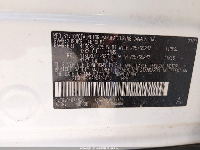 45872103 :رقم المزاد ، 2T3H1RFV2PC224062 vin ، 2023 Toyota Rav4 Le مزاد بيع