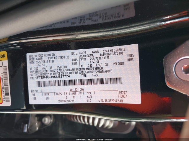 Aukcja sprzedaży 2025 Ford Ranger Xlt, vin: 1FTER4GH9SLE27774, numer aukcji: 45872135