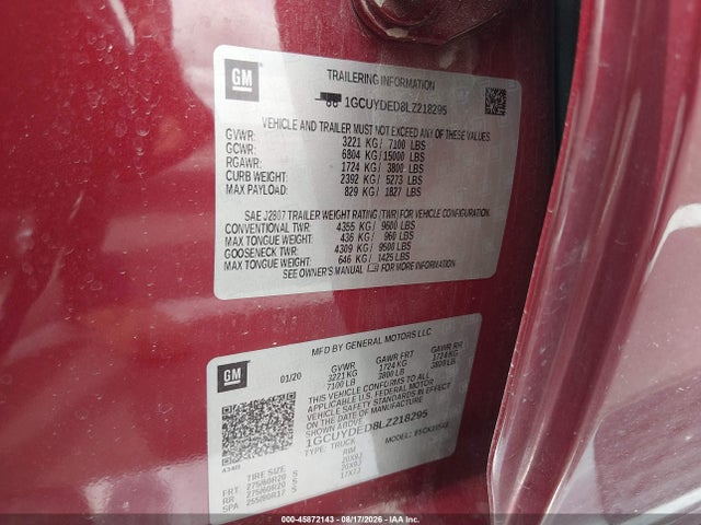 45872143 :رقم المزاد ، 1GCUYDED8LZ218295 vin ، 2020 Chevrolet Silverado 1500 4wd  Short Bed Lt مزاد بيع